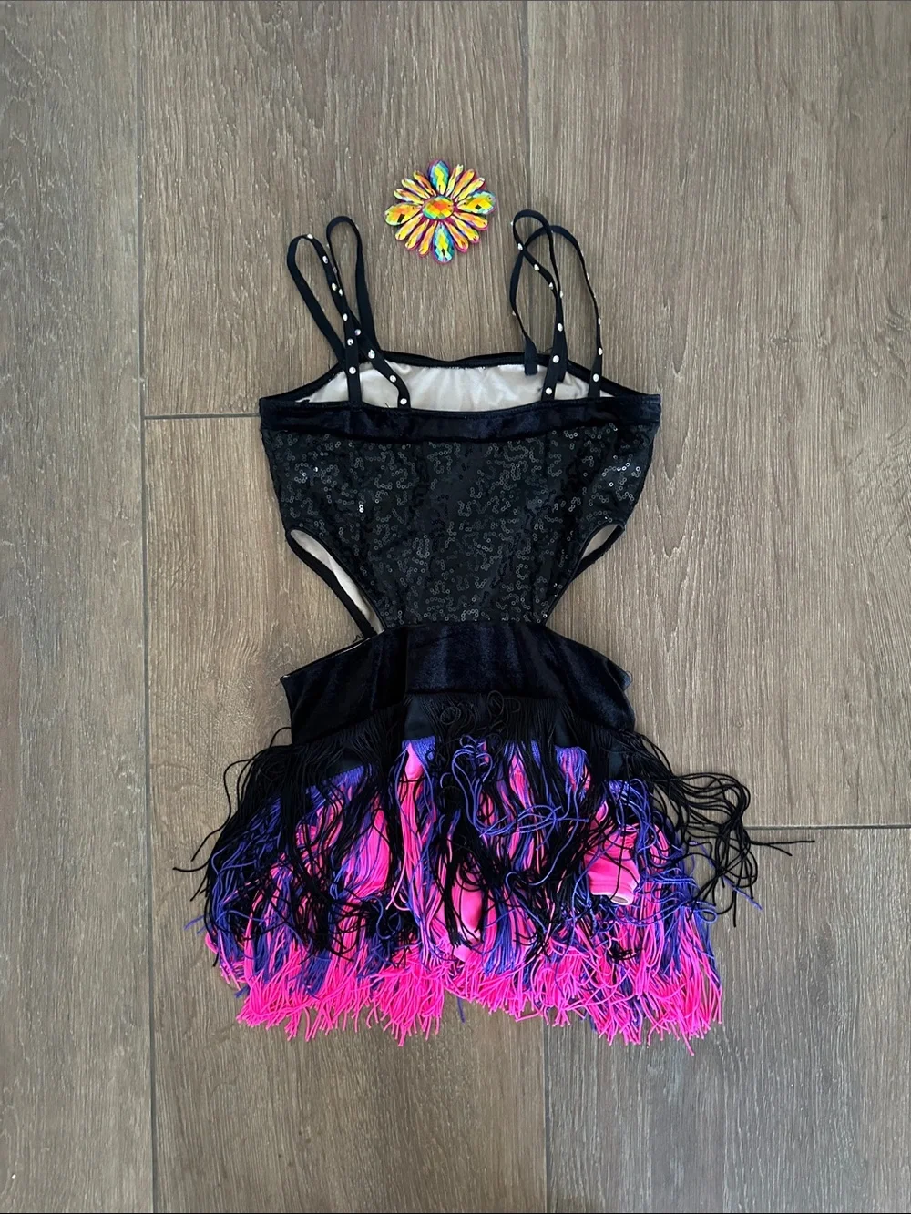 Black Sequin Dance Costume with Pink & Purple Fringe - Kids